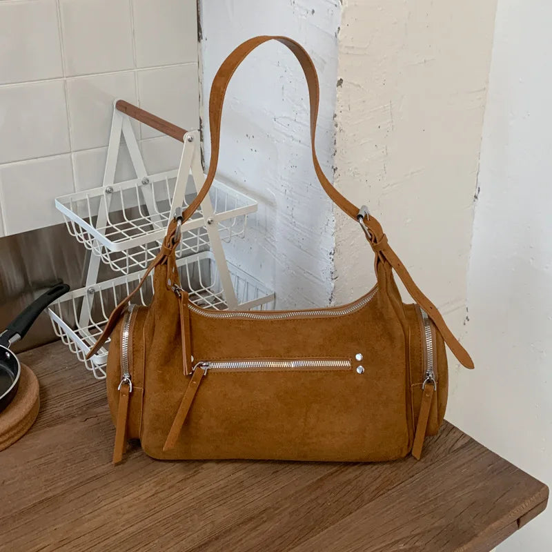 Suede Leather Women Underarm Shoulder Bags Multi-pocket Designer Handbags Motorcycle Style Ladies Messenger Bags Commute Bolsos