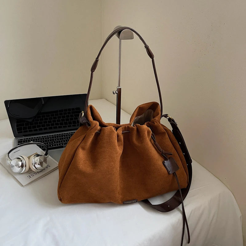 LEFTSIDE Retro Frosted Velvet Leather Large Bucket Bags for Women 2025 Winter Female Shoulder Bag Females Crossbody Bag Handbags