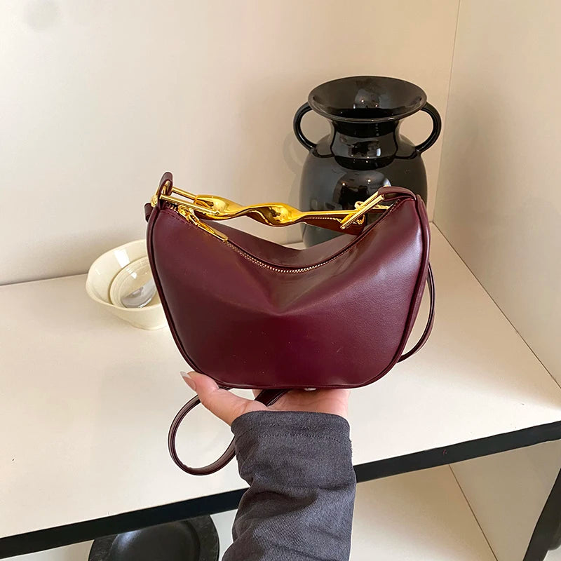 Elegant Burgundy Handbags For Lady Twisted Gold Metal Handle Soft Leather Shoulder Cross Body Hobo Purse For Daily Wedding Party