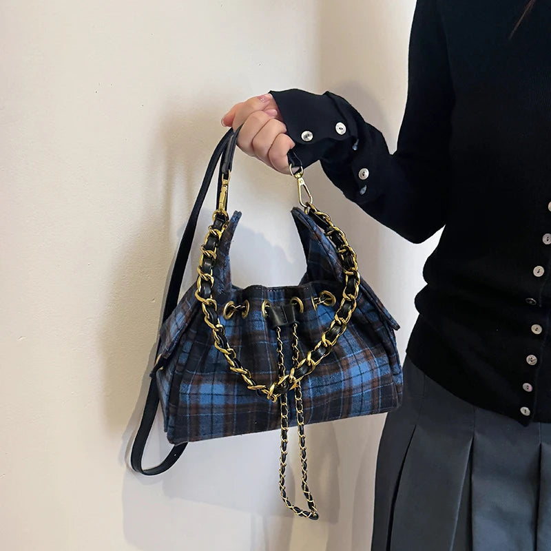 Fashionable Plaid Pattern Handbag Ladies Metal Chains Shoulder Bag New Design Multi Pocket High Quality Women's Crossbody Bags