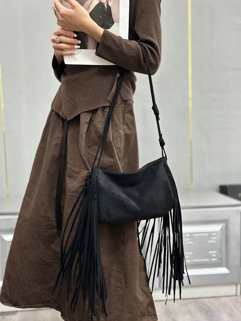 2026 Suede Shoulder Crossbody Bags For Women Tassel Large Capacity Travel Handbags Vintage Female Tote Bags