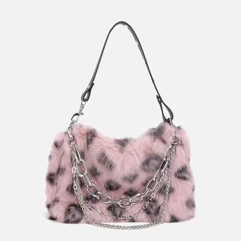 New Faux Fur Leopard Shoulder Bag Women's Autumn Winter Chain Handbags Ladies Leopard Print Clutch Purses Fluffy Top Handle Bags