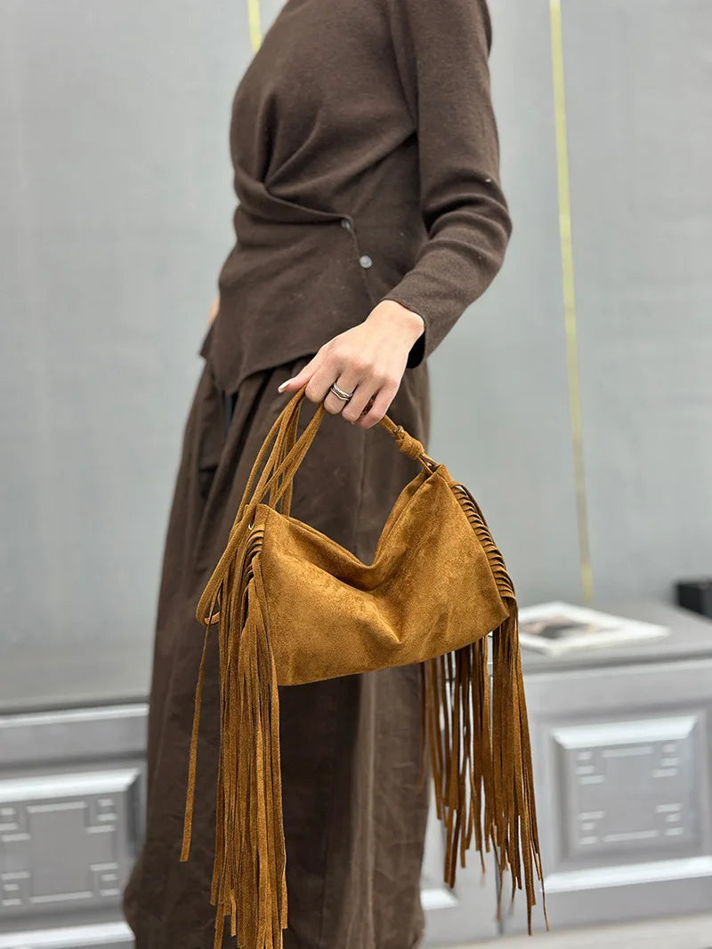 2026 Suede Shoulder Crossbody Bags For Women Tassel Large Capacity Travel Handbags Vintage Female Tote Bags