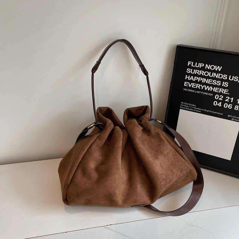 LEFTSIDE Retro Frosted Velvet Leather Large Bucket Bags for Women 2025 Winter Female Shoulder Bag Females Crossbody Bag Handbags