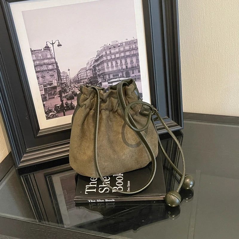 LEFTSIDE Retro Mini PU Leather Drawstring Bucket Bag 2026 New Trend Women Casual Crossbody Shoulder Bags Fashion Handbag