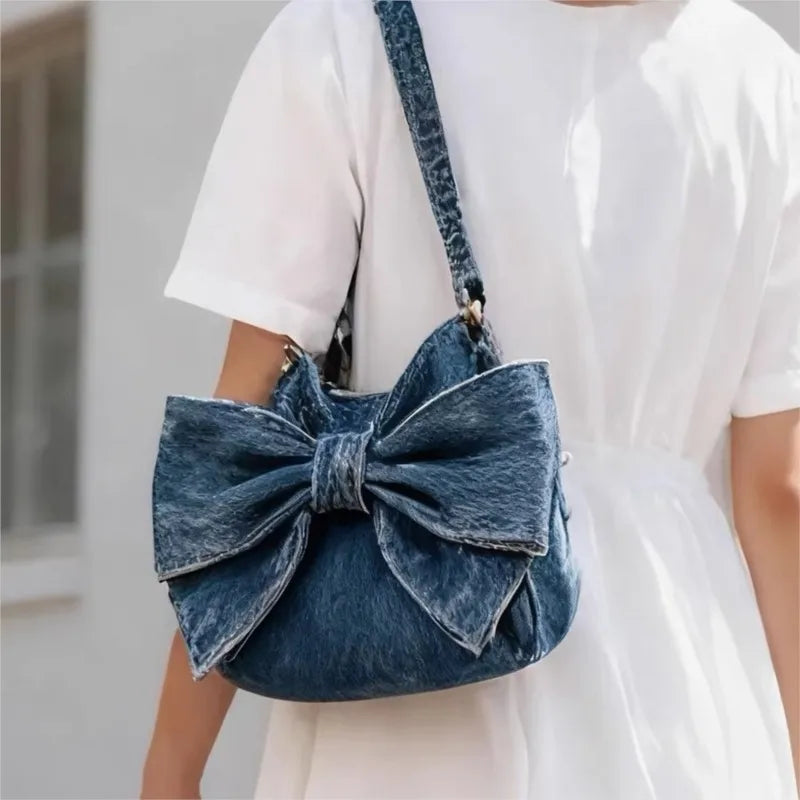 JIAERDI Retro Sweet Cute Bow Tote Bag Women Denim Blue Large Capacity Shoulder Bag Ladies Harajuku Versatile Commute Handbag New